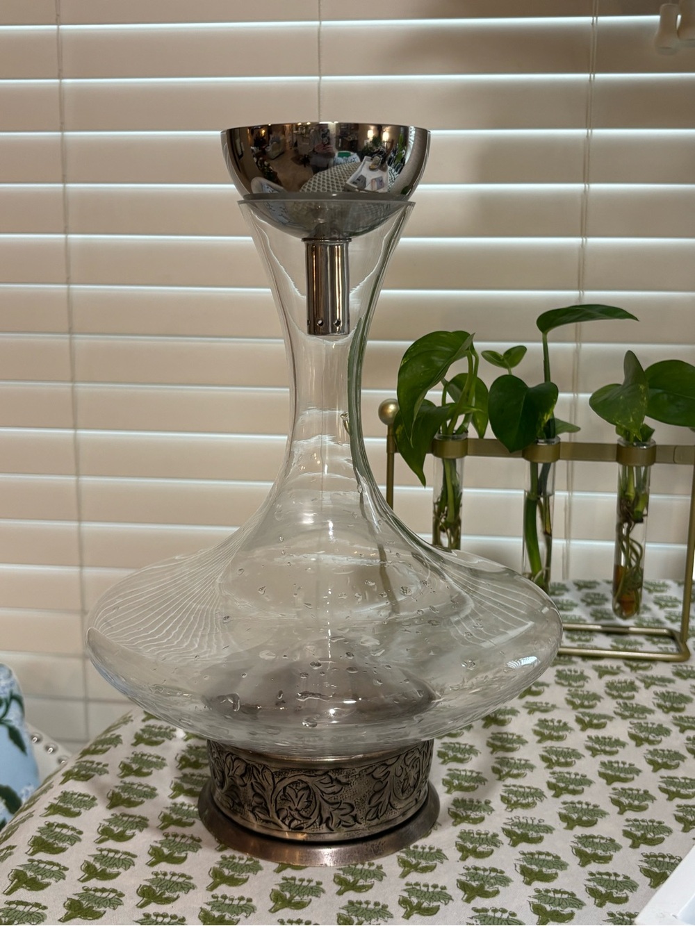 Pottery Barn Madena Pewter Base Glass Wine Decanter & Funnel Set
